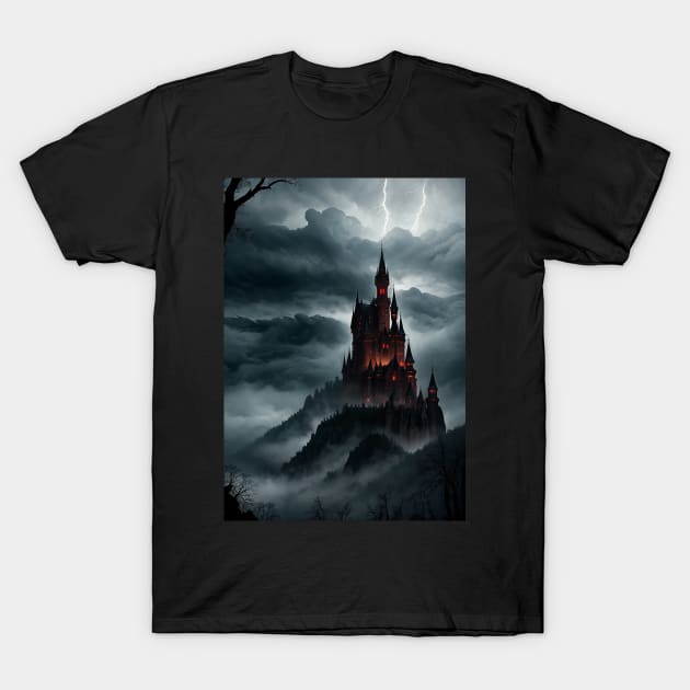 Spooky Castle Render with Lightning Flashing Above T-Shirt by CursedContent